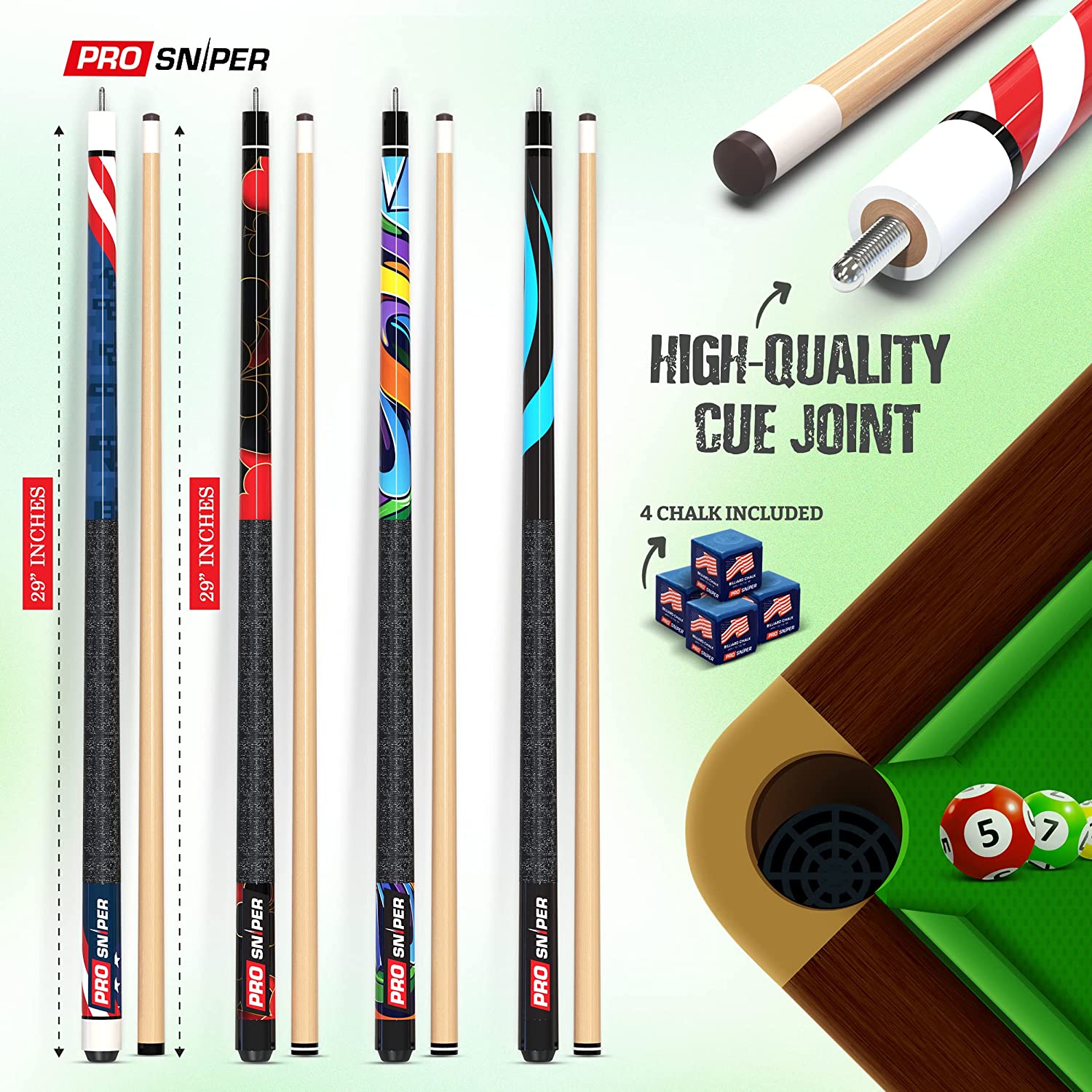 ProSniper Pool Cue Sticks 4  Set Canadian Maple Wood